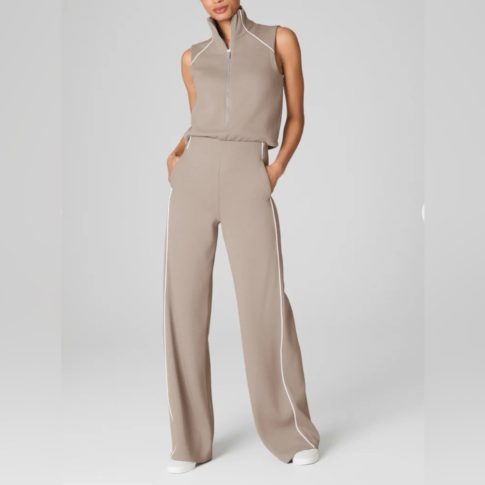 SPANX Taupe Wide Leg Jumpsuit with White Piping